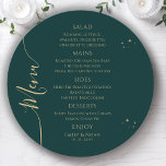 Mystical Green Gold Sun Moon Stars Space Wedding Menükarte<br><div class="desc">Mystical Green Gold Sun Moon Stars Space Wedding Menu Cards verfügen über einfache goldene Sterne auf grünem Hintergrund mit Menüdetails in der Mitte in modernen goldenen Kalligraphie-Skripten. Personalisieren Sie den Text durch Bearbeiten in den bereitgestellten Textfeldern. Von Evco Studio entworfen www.zazzle.com/store/evcostudio</div>