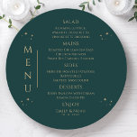 Mystical Green Gold Sun Moon Stars Space Wedding Menükarte<br><div class="desc">Mystical Green Gold Sun Moon Stars Space Wedding Menu Cards verfügen über einfache goldene Sterne auf grünem Hintergrund mit Menüdetails in der Mitte in modernen goldenen Kalligraphie-Skripten. Personalisieren Sie den Text durch Bearbeiten in den bereitgestellten Textfeldern. Von Evco Studio entworfen www.zazzle.com/store/evcostudio</div>