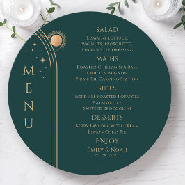 Mystical Green Gold Sun Moon Stars Space Wedding Menükarte