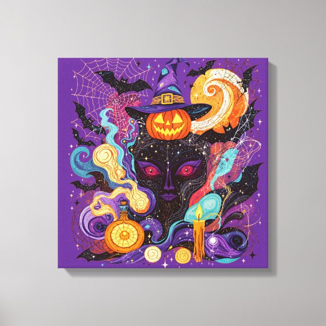 Mystical Halloween Witch and Pumpkin Leinwanddruck (Vorderseite)