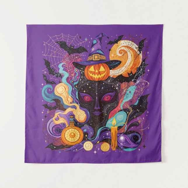 Mystical Halloween Witch and Pumpkin Wandteppich (Vorderseite)