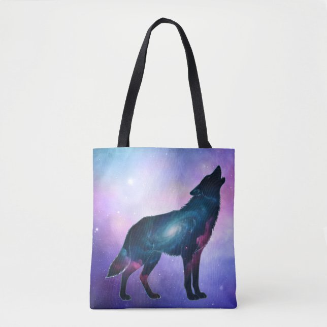 Mystical Howling Wolf Silhouette Tote Tasche (Vorderseite)