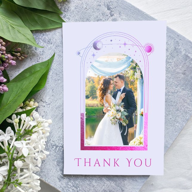 Mystical Lavender Pink Sun Moon Star Foto Wedding Dankeskarte (Von Creator hochgeladen)