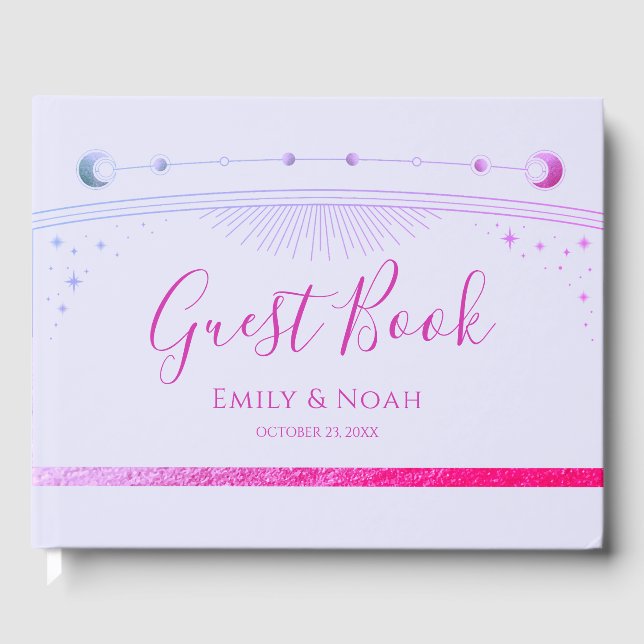 Mystical Lavender Pink Sun Moon Stars Wedding  Gästebuch (Vorderseite)