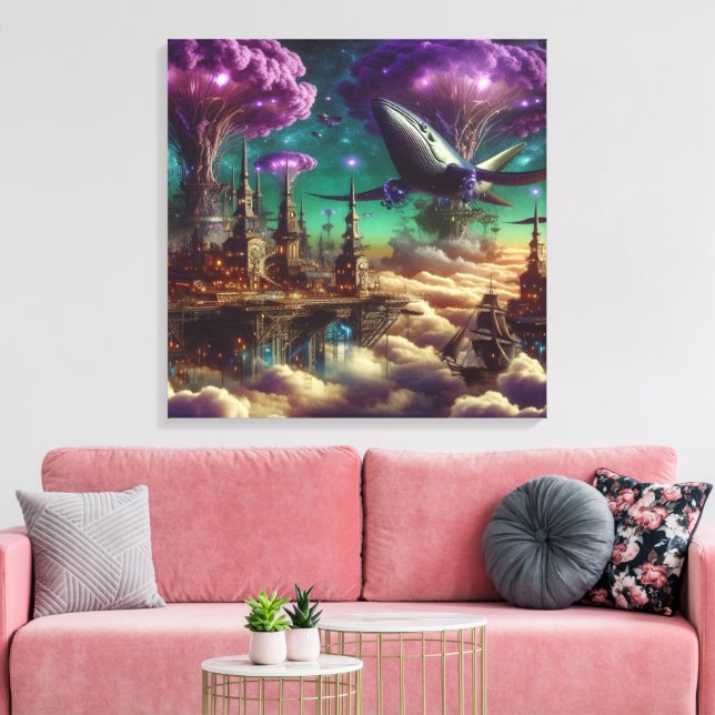 Mystical Lila Futuristic Fantasy City Leinwanddruck (Insitu (Wohnzimmer))