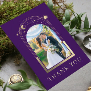 Mystical Lila Gold Sun Moon Star Foto Wedding Dankeskarte