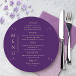 Mystical Lila Gold Sun Moon Stars Space Wedding Menükarte<br><div class="desc">Mystical Lila Gold Sun Moon Stars Space Wedding Menu Cards mit einfachen goldenen Sternen auf einem lila Hintergrund mit Menüdetails in der Mitte in modernen goldenen Kalligraphie-Skript. Personalisieren Sie den Text durch Bearbeiten in den bereitgestellten Textfeldern. Entworfen für Sie von Evco Studio © unter www.zazzle.com/store/evcostudio</div>