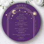 Mystical Lila Gold Sun Moon Stars Space Wedding Menükarte<br><div class="desc">Mystische Lila Gold Sun Moon Stars Space Wedding Menu Cards mit goldenem Sonnenlicht,  Mond und Sternen auf einem lila Hintergrund mit Menüdetails in der Mitte in modernen Goldkalligraphie-Skript. Personalisieren Sie den Text durch Bearbeiten in den bereitgestellten Textfeldern. Entworfen für Sie von Evco Studio © unter www.zazzle.com/store/evcostudio</div>