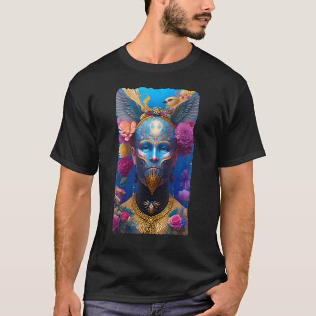 Mystical Man with Blue Painted Face and Flowers AI T-Shirt (Vorderseite)