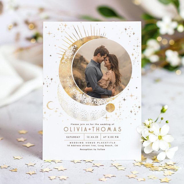 Mystical Moon Starry Night Wedding Foto Einladung (Celestial Wedding Photo Invitation)