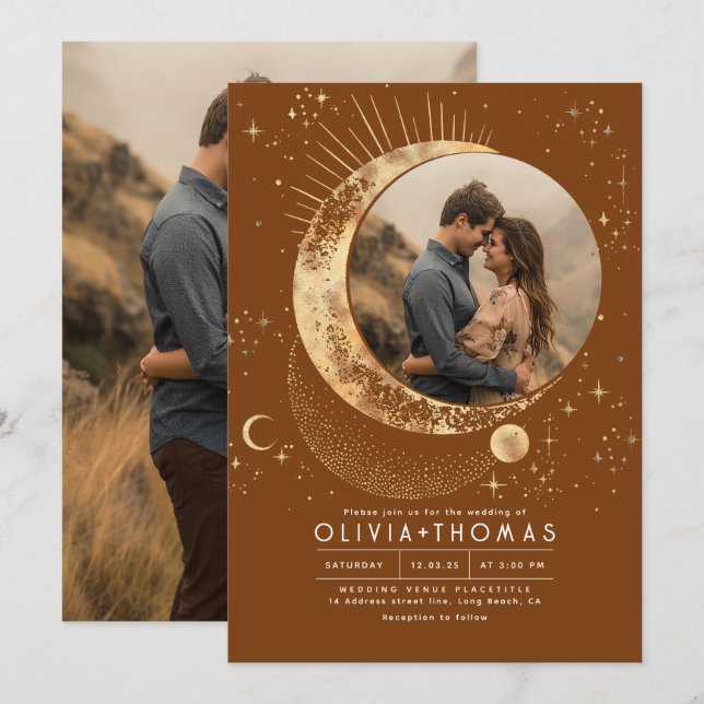 Mystical Moon Starry Night Wedding Foto Einladung (Vorne/Hinten)