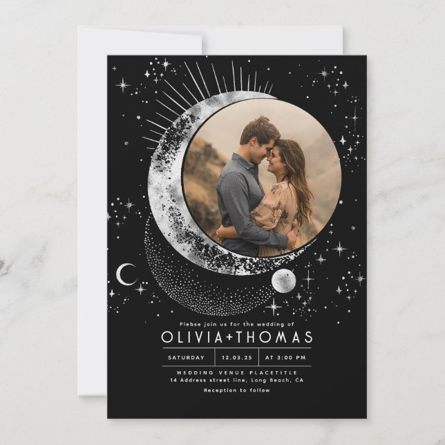 Mystical Moon Starry Night Wedding Foto Einladung (Vorderseite)