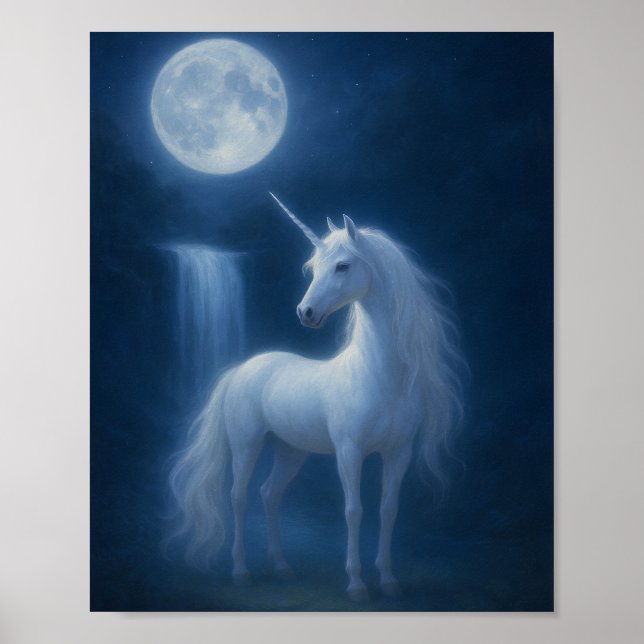 Mystical Moonlight Unicorn & Waterfall Fantasy Art Poster (Vorne)
