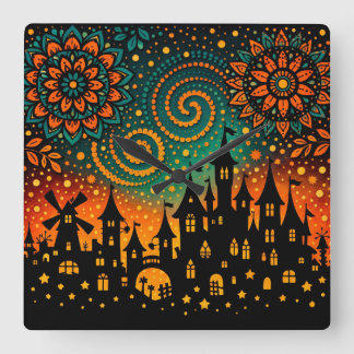 Mystical Night Castle Silhouette Quadratische Wanduhr