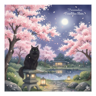 Mystical Night Sakura: Black Cat in Moonlit Japan Fotodruck