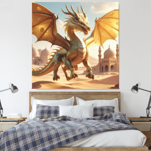 Mystical Oriental Dragon Over Wüstenstadt - Fantas Leinwanddruck