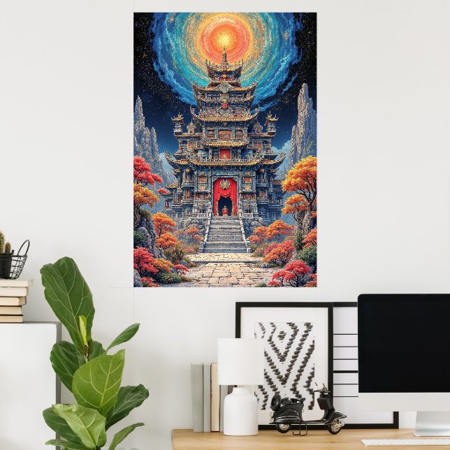Mystical Pagoda Temple Under Celestial Sky Poster (Heimbüro)