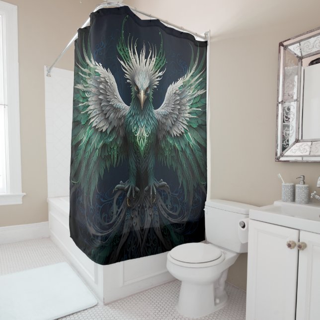 Mystical Phoenix Bird in Green und Blues Duschvorhang (Beispiel)