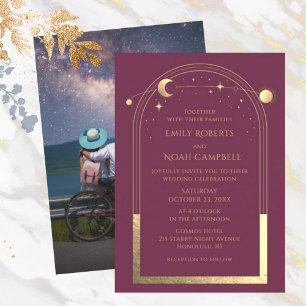 Mystical Plum Gold Sun Moon Stars Foto Wedding Einladung
