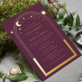 Mystical Plum Gold Sun Moon Stars Foto Wedding Folieneinladung