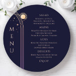 Mystical Rainbow Blue Sun Moon Stars Space Wedding Menükarte<br><div class="desc">Mystical Rainbow Dark Navy Blue Sun Moon Stars Space Cosmic Astronomy Celestial Wedding Menu Cards mit einfachen goldenen Sternen auf einem dunkelmarineblau blauen Hintergrund mit Ihren Menüdetails in der Mitte in modernen pfirsichkalligraphischen Skript. Personalisieren Sie den Text durch Bearbeiten in den bereitgestellten Textfeldern. Designed by ©2024 Evco Studio www.zazzle.com/store/evcostudio</div>