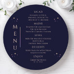 Mystical Rainbow Blue Sun Moon Stars Space Wedding Menükarte<br><div class="desc">Mystical Rainbow Dark Navy Blue Sun Moon Stars Space Galaxy Cosmic Celestial Wedding Menu Cards mit einfachen goldenen Sternen auf einem dunkelmarineblau blauen Hintergrund mit Ihren Menüdetails in der Mitte in modernen pfirsichkalligraphischen Skript. Personalisieren Sie den Text durch Bearbeiten in den bereitgestellten Textfeldern. Designed by ©2024 Evco Studio www.zazzle.com/store/evcostudio</div>