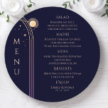 Mystical Rainbow Blue Sun Moon Stars Space Wedding Menükarte<br><div class="desc">Mystical Rainbow Dark Navy Blue Sun Moon Stars Space Cosmic Astronomy Celestial Wedding Menu Cards mit einfachen goldenen Sternen auf einem dunkelmarineblau blauen Hintergrund mit Ihren Menüdetails in der Mitte in modernen pfirsichkalligraphischen Skript. Personalisieren Sie den Text durch Bearbeiten in den bereitgestellten Textfeldern. Designed by ©2024 Evco Studio www.zazzle.com/store/evcostudio</div>