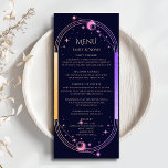 Mystical Rainbow Blue Sun Moon Stars Wedding Menükarte<br><div class="desc">Mystical Rainbow Dark Navy Blue Sun Moon Stars Astronomie Celestial Galaxy Cosmic Wedding Cards mit Regenbogenfarben Sonne, Mond und Sternen auf einem dunkelmarineblauen blauen Hintergrund mit Menüdetails in der Mitte in modernen Kalligrafieschrift. Personalisieren Sie den Text durch Bearbeiten in den bereitgestellten Textfeldern. Entwickelt für Sie von ©2024 Evco Studio www.zazzle.com/store/evcostudio...</div>