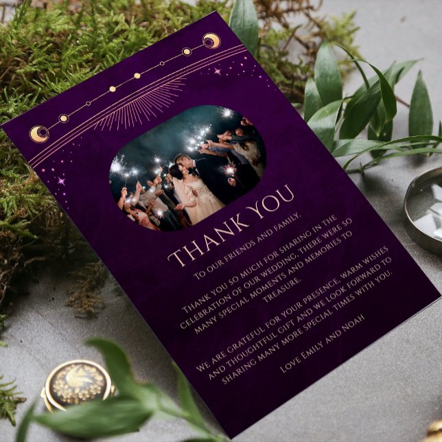 Mystical Rainbow Plum Sun Moon Star Foto Wedding Dankeskarte (Von Creator hochgeladen)