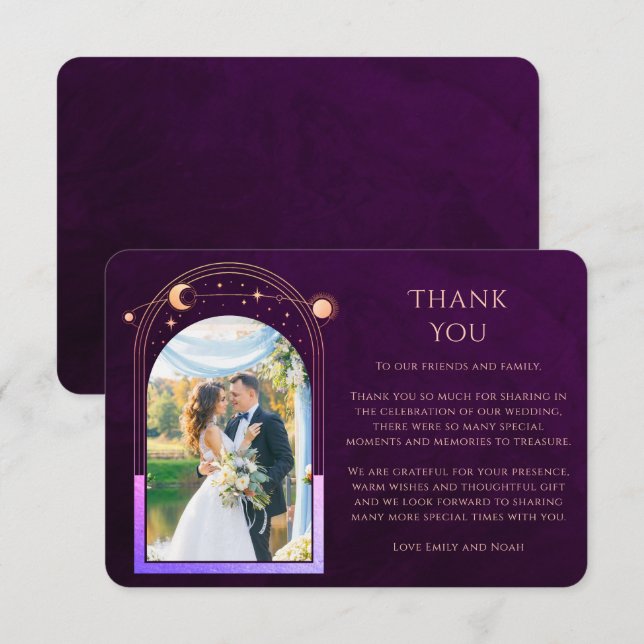 Mystical Rainbow Plum Sun Moon Stars Foto Wedding Dankeskarte (Vorne/Hinten)