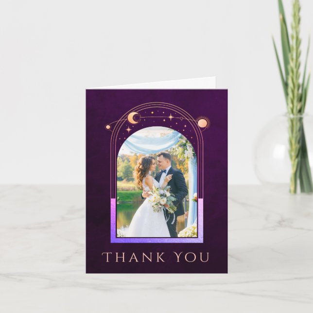 Mystical Rainbow Plum Sun Moon Stars Foto Wedding Dankeskarte (Vorderseite)