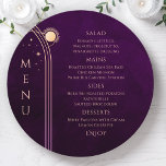 Mystical Rainbow Plum Sun Moon Stars Space Wedding Menükarte<br><div class="desc">Mystical Rainbow Plum Sun Moon Stars Space Cosmic Astronomy Celestial Wedding Menu Cards mit einfachen goldenen Sternen auf einem tiefen Pflaumenhintergrund mit Menüdetails in der Mitte in modernen pfirsichkalligraphischen Skripten. Personalisieren Sie den Text durch Bearbeiten in den bereitgestellten Textfeldern. Von Evco Studio entworfen www.zazzle.com/store/evcostudio</div>