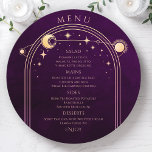 Mystical Rainbow Plum Sun Moon Stars Space Wedding Menükarte<br><div class="desc">Mystical Rainbow Plum Sun Moon Stars Space Cosmic Astronomy Celestial Wedding Menu Cards mit goldener Sonne, Mond und Sternen auf einem tiefen Pflaumenhintergrund mit Menüdetails in der Mitte in modernen pfirsichkalligraphischen Skript. Personalisieren Sie den Text durch Bearbeiten in den bereitgestellten Textfeldern. Entworfen für Sie von Evco Studio © unter www.zazzle.com/store/evcostudio...</div>