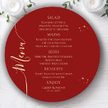 Mystical Red Gold Sun Moon Stars Space Wedding Menükarte<br><div class="desc">Mystical Dark Red Gold Sun Moon Stars Space Wedding Menu Cards verfügen über einfache goldene Sterne auf dunkelrotem Hintergrund mit Menüdetails in der Mitte in modernen goldenen Kalligraphie-Skript. Personalisieren Sie den Text durch Bearbeiten in den bereitgestellten Textfeldern. Von Evco Studio entworfen www.zazzle.com/store/evcostudio</div>