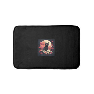 Mystical Sakura Night_ Schwarze Katze mit Vollmond Badematte