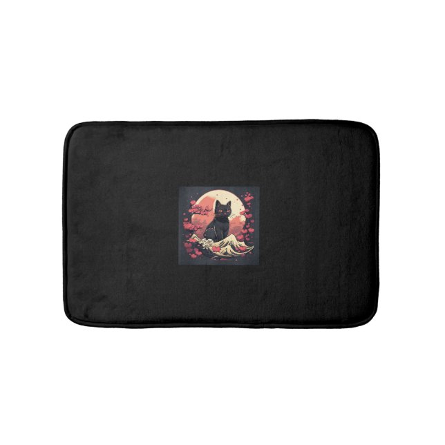 Mystical Sakura Night_ Schwarze Katze mit Vollmond Badematte (Vorderseite)