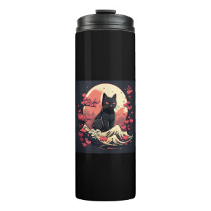 Mystical Sakura Night_ Schwarze Katze mit Vollmond Thermosbecher