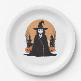 Mystical Salem Black Cat mit Pumpkins Pappteller