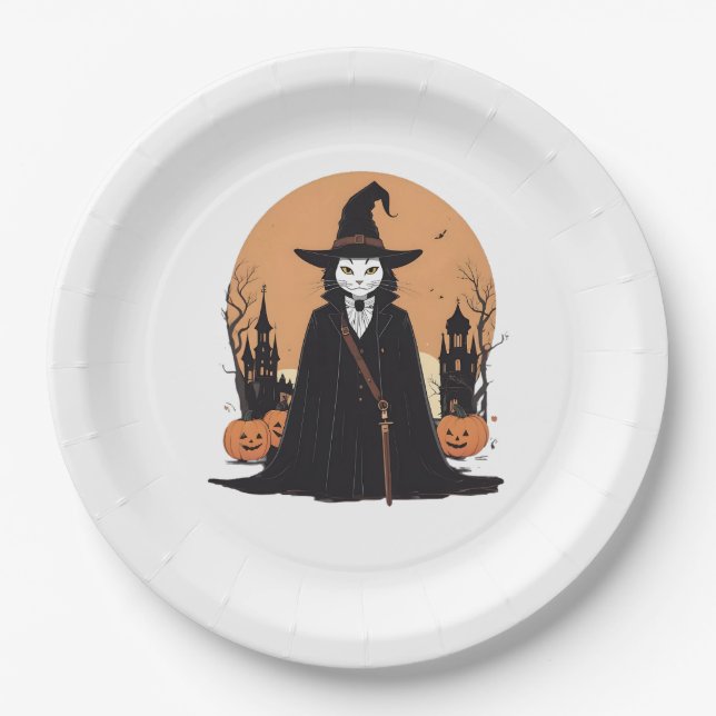 Mystical Salem Black Cat mit Pumpkins Pappteller (Vorderseite)