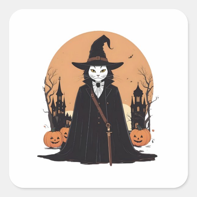 Mystical Salem Black Cat mit Pumpkins Quadratischer Aufkleber (Vorderseite)