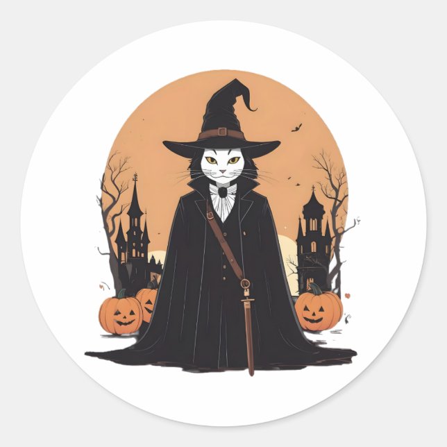 Mystical Salem Black Cat mit Pumpkins Runder Aufkleber (Vorderseite)
