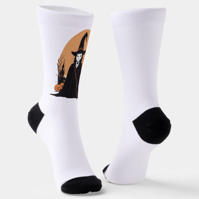 Mystical Salem Black Cat mit Pumpkins Socken (Gewinkelt)