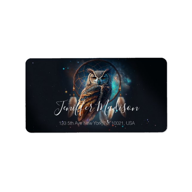 Mystical Space Owl with Dreamcatcher Art        Adressaufkleber (Vorne)