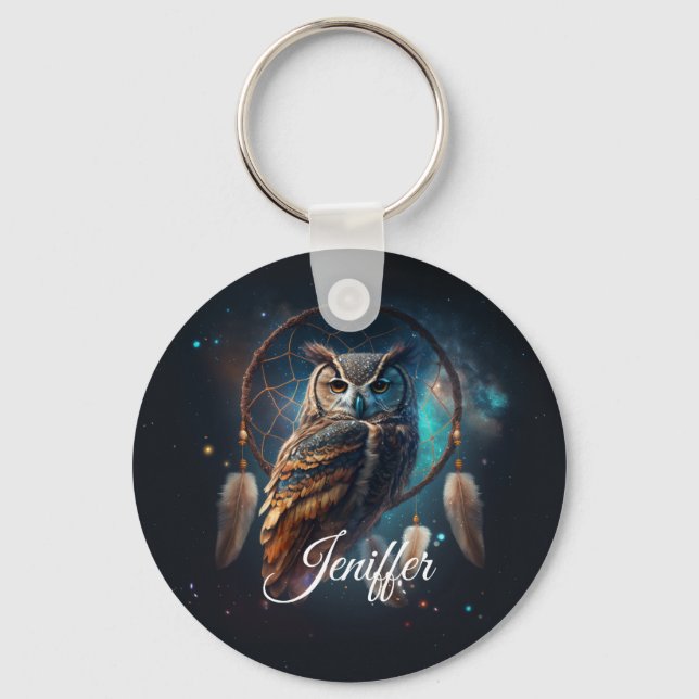 Mystical Space Owl with Dreamcatcher Art        Schlüsselanhänger (Vorderseite)