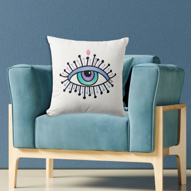 Mystical Third Eye Spiritual Yoga New Age Kissen (White Pillow with hand drawn mystical eye third eye symbol on aqua chair)