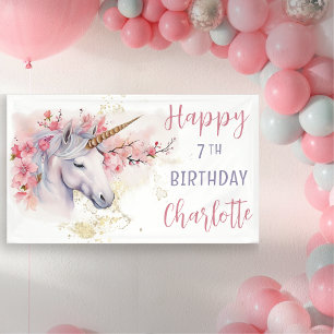 Mystical Unicorn Pink Floral Girl 7. Geburtstag Banner