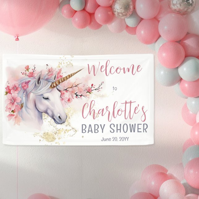 Mystical Unicorn | Pink Floral Girl Babydusche Banner (Von Creator hochgeladen)