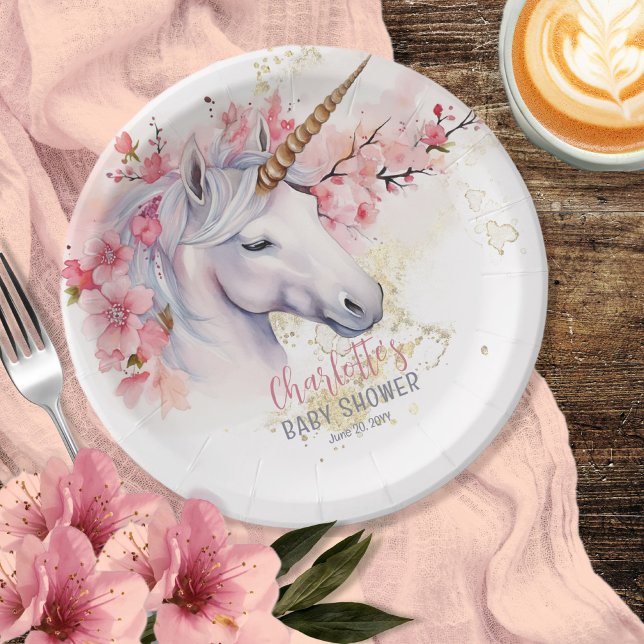 Mystical Unicorn | Pink Floral Girl Babydusche Pappteller (Mystical Unicorn and Cherry Blossoms Pink Floral Girl Baby Shower Paper Plates)