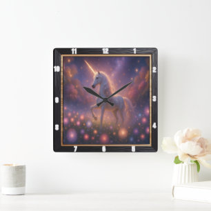 Mystical Unicorn Starry Blume Quadratische Wanduhr