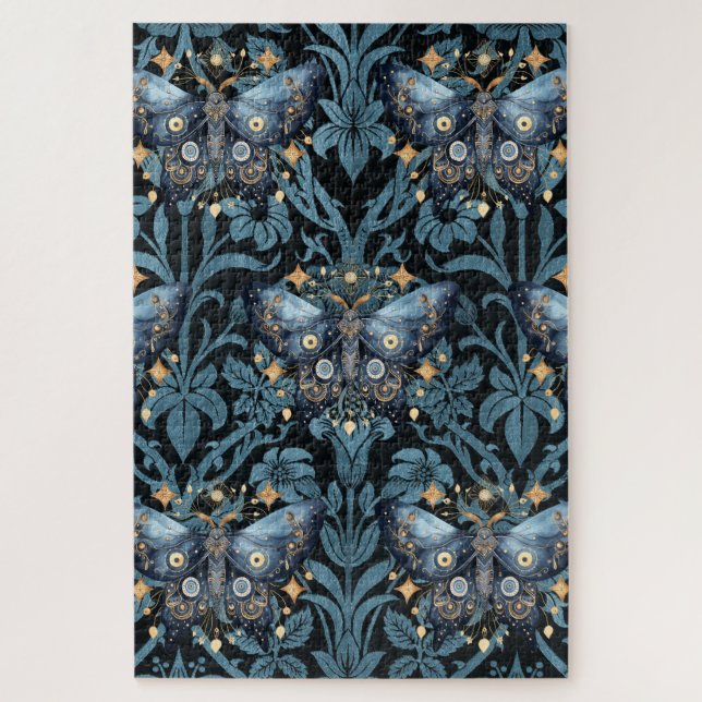 Mystical Watercolor Blue and Gold Night Moth (Vertikal)